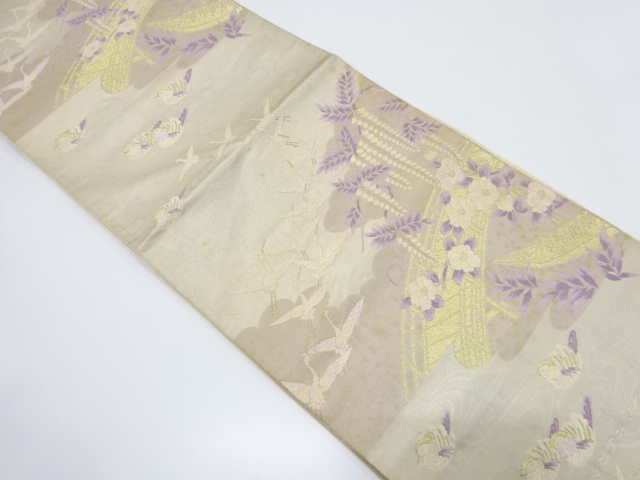 JAPANESE KIMONO / ANTIQUE FUKURO OBI / SILK / WOVEN MANDARIN DUCK & CRANE